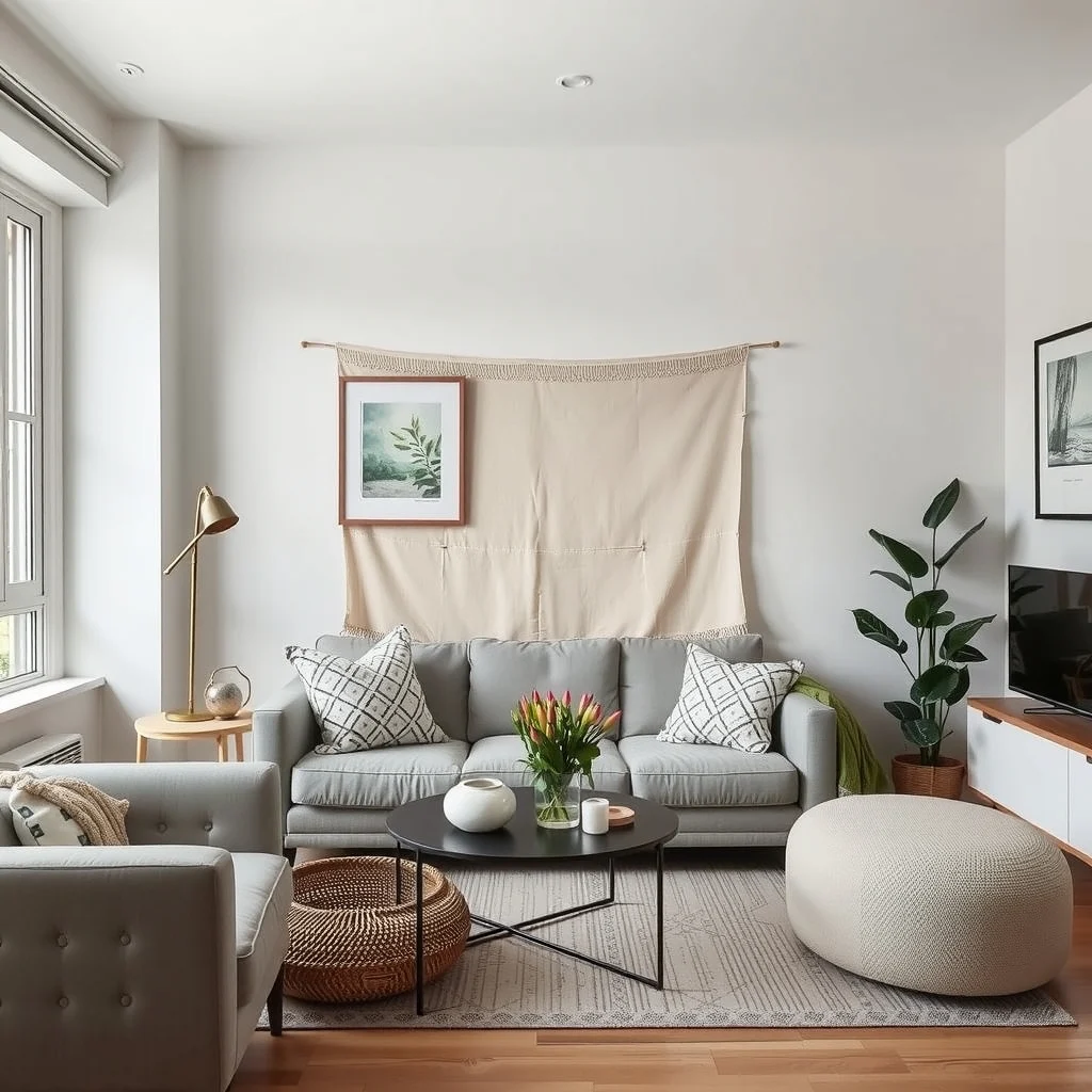 How to Make a Studio Apartment Feel More Like a One-Bedroom Home interior: 7. Add Personal Touches that Signal Individual Zones - Small decorative choices can reinforce the perception of separate rooms. Hang a set of framed artwork above the sofa to create a gallery feel, while placing a simple, monochrome tapestry—or a woven wall hanging—behind the