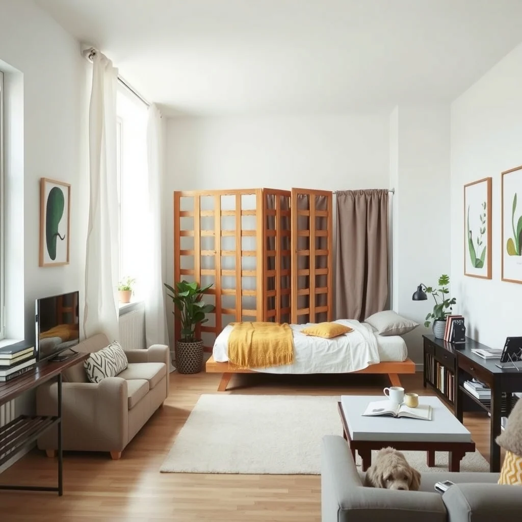 How to Make a Studio Apartment More Comfortable for Two interior: 6. Create visual privacy with screens or curtains - Even without permanent walls, a simple screen can give each a sense of personal space. A folding wooden lattice placed between the sleeping platform and the rest of the studio provides a visual break
