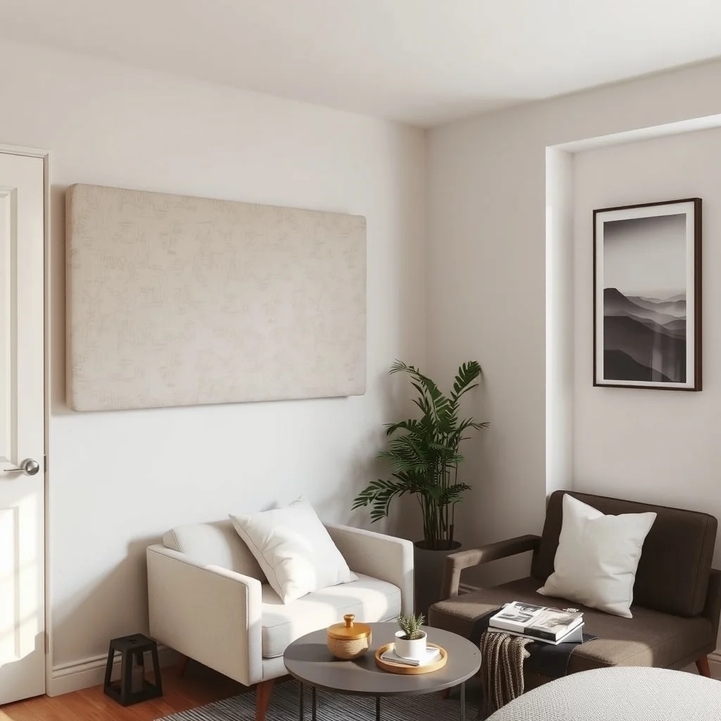 How to Make a Studio Apartment More Comfortable for Two interior: 7. Optimize acoustics and airflow for shared living - In a compact studio, sound travels quickly, and poor ventilation can make the space feel stale. Adding a wall‑mounted acoustic panel upholstered in a fabric that matches your décor reduces echo and softens conversations. A