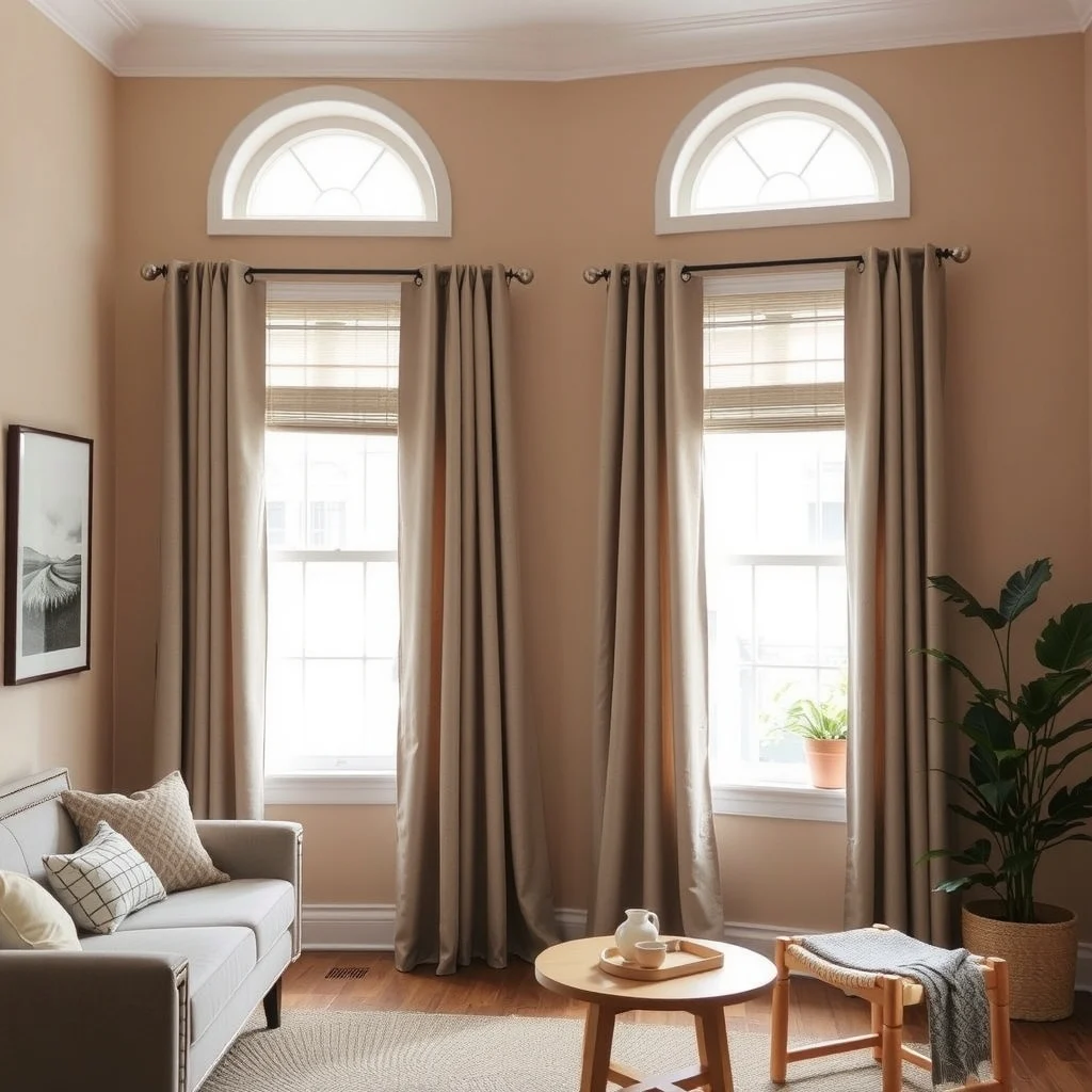 How to Make Rental Window Treatments Look More Expensive interior: 6. Coordinate Colors With the Room’s Palette - Choosing a curtain hue that either harmonizes with or deliberately contrasts the surrounding colors can elevate the entire space. A curtain in a soft dove gray against warm beige walls offers a gentle contrast that