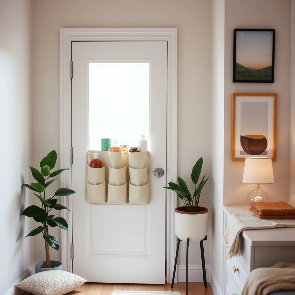 How to Organize Cleaning Supplies in an Apartment With No Utility Closet interior: 4. Hang a Fabric Pocket Organizer Behind a Bathroom Door - The back of a bathroom door offers a vertical plane that rarely receives attention. Mounting a fabric pocket organizer with clear acrylic windows transforms that space into a tidy gallery for cleaning tools. Choose a