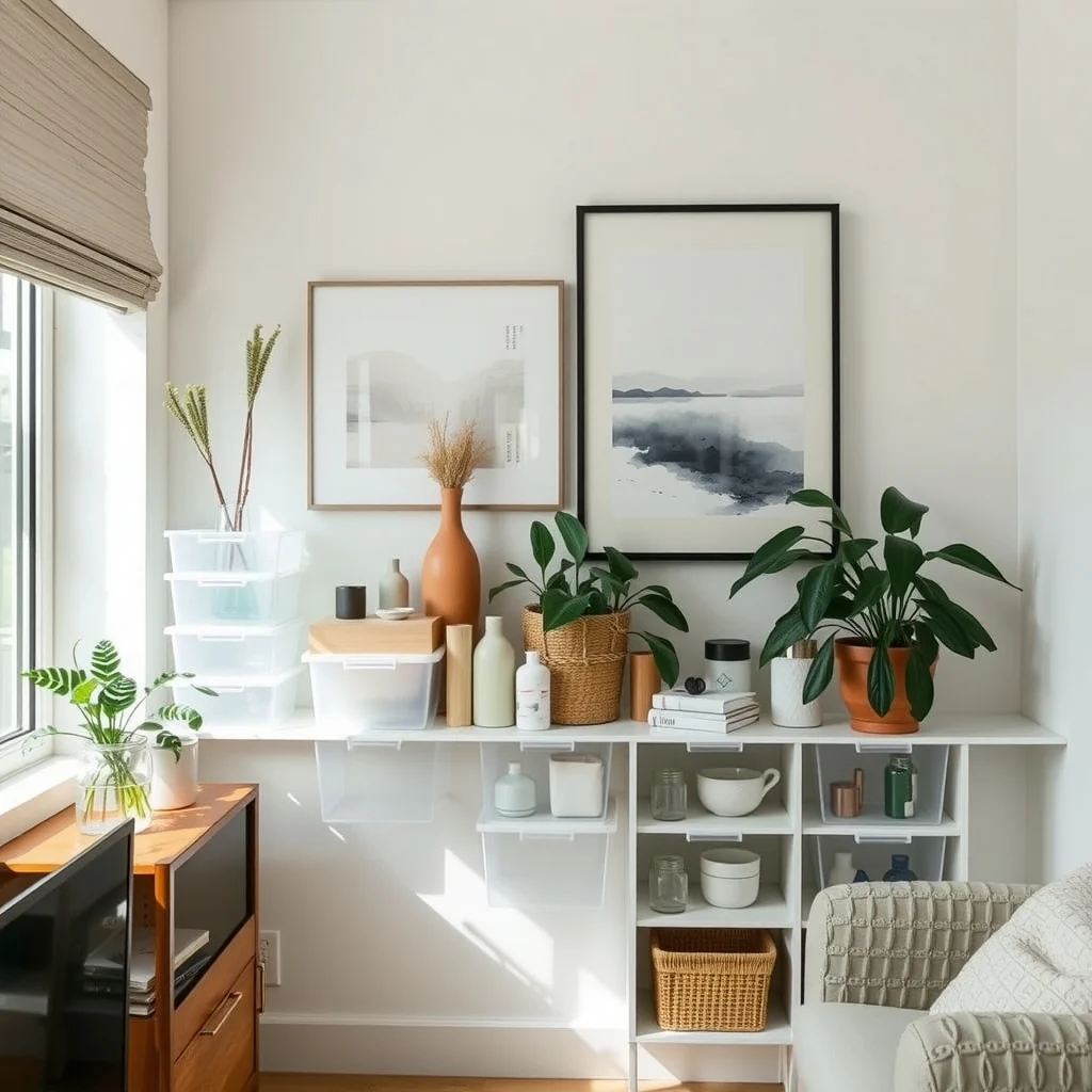 How to Organize Cleaning Supplies in an Apartment With No Utility Closet interior: 6. Choose Stackable Clear Bins for Visible Organization - Clear, stackable plastic bins placed on a balcony railing or a low bookshelf provide a transparent solution that keeps cleaning items organized yet visible. Opt for bins with a subtle frosted finish to soften the