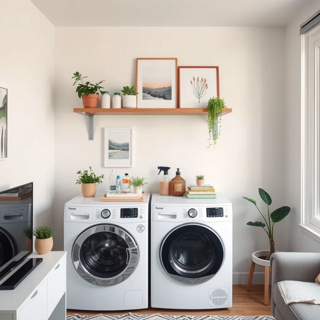 How to Organize Cleaning Supplies in an Apartment With No Utility Closet interior: 7. Create a Dedicated Shelf Above the Laundry Area - If your apartment includes a stacked washer‑dryer unit, the space above it often remains empty. Installing a narrow floating shelf in this gap gives you a permanent home for cleaning supplies that are logically connected