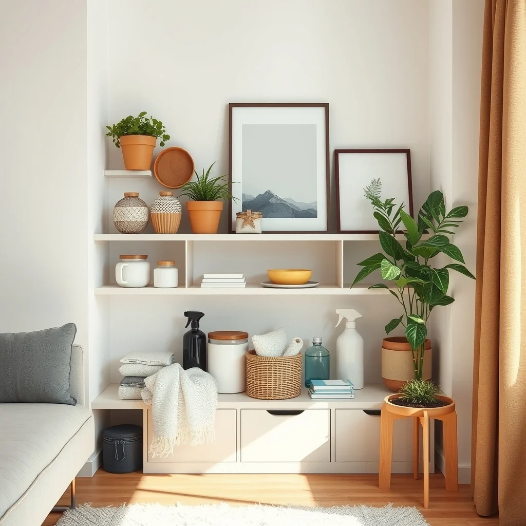 How to Organize Cleaning Supplies in an Apartment With No Utility Closet interior: FAQ - How can I keep cleaning supplies from smelling bad in a small apartment? Store them in airtight containers or jars with sealed lids, and place a small charcoal sachet on the shelf to absorb odors.