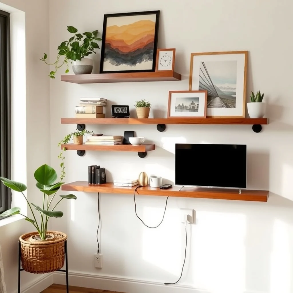 How to Organize Cords and Chargers Without Making Your Home Look Messy interior: 7. Incorporate Low‑Profile Power Strips into Wall‑Mounted Shelves - Wall‑mounted floating shelves provide an excellent canvas for integrating power without cluttering the floor. By selecting a shelf with a shallow back cavity, you can slide a low‑profile power strip into the space, then run