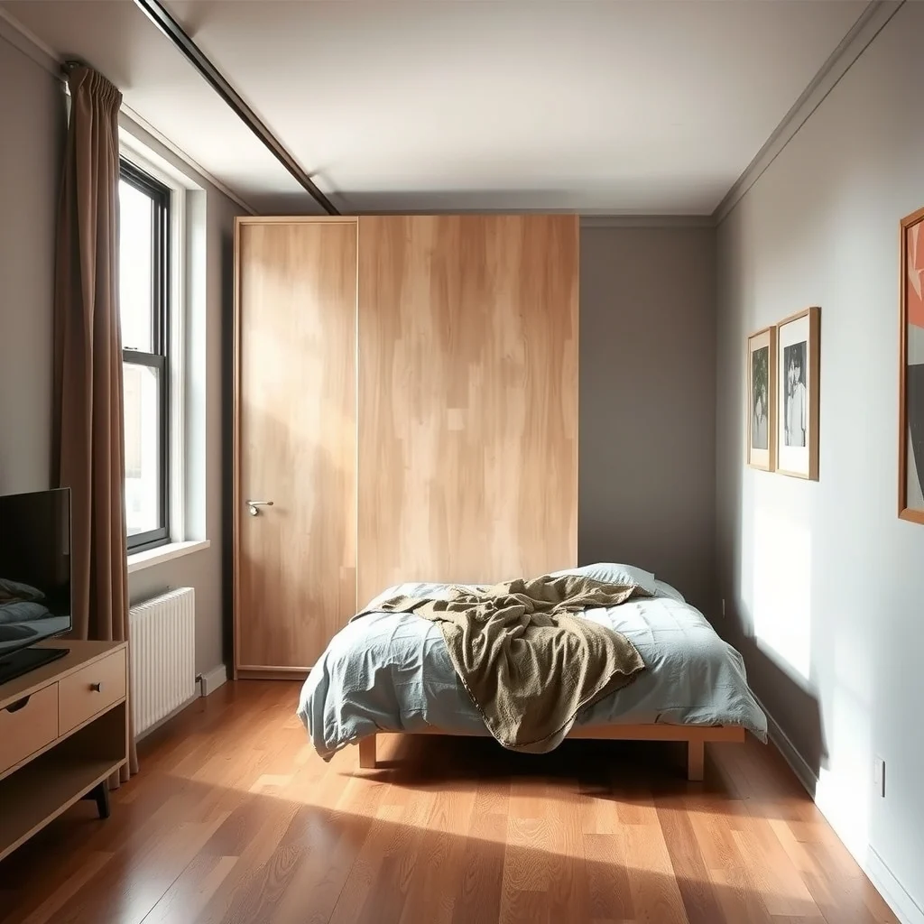 How to Position a Bed in a Studio Apartment Without Losing Living Space interior: 5. Install a Sliding Partition or Curtain to Define the Sleeping Area - A lightweight wood screen in birch veneer, mounted on a floor‑to‑ceiling track with brushed‑nickel hardware, glides open for easy access and closes to create a soft barrier around the bed. The panel occupies only vertical