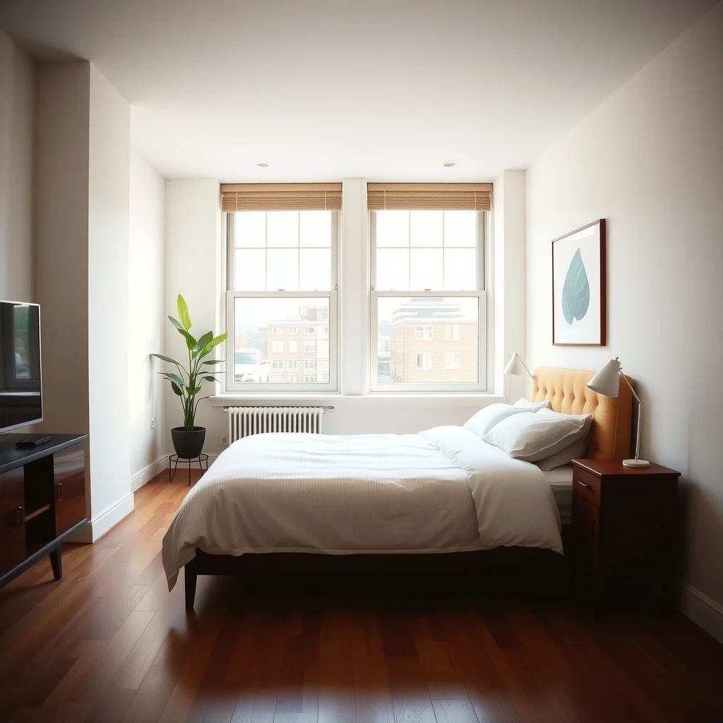 How to Position a Bed in a Studio Apartment Without Losing Living Space interior: 6. Align the Bed Parallel to the Window for Light Management - Position the headboard to the window so natural light washes over the bedding, producing an airy atmosphere that counters the feeling of confinement. This orientation frees the opposite wall for a media console or