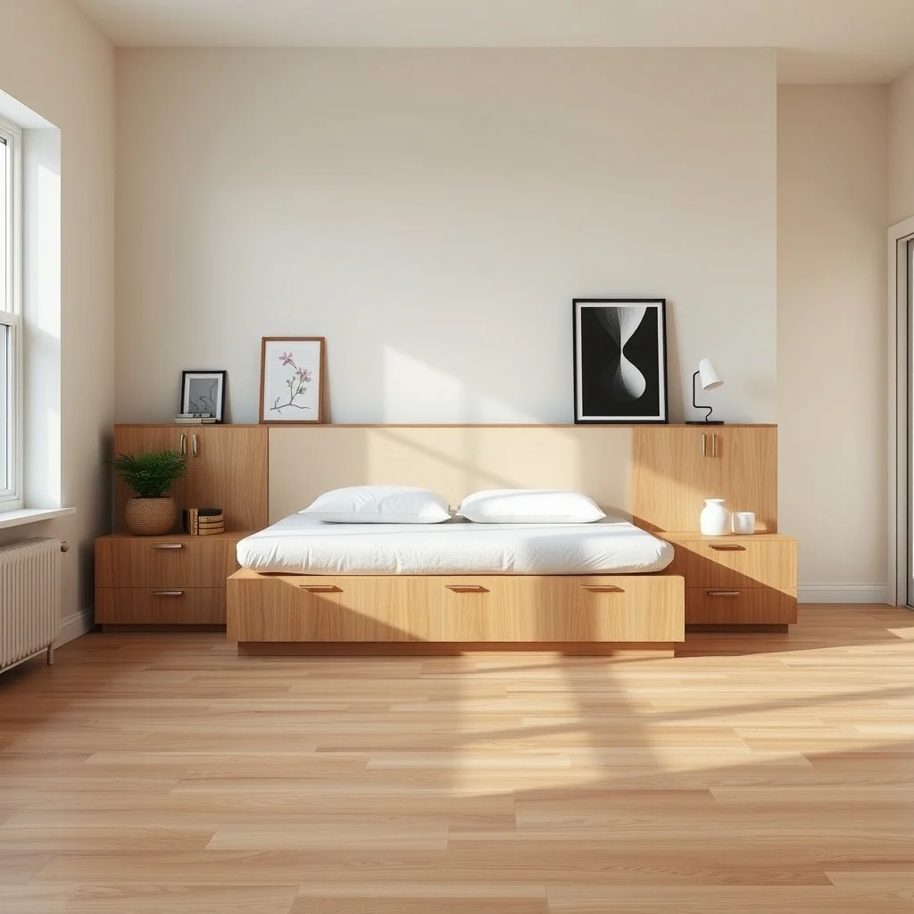 How to Position a Bed in a Studio Apartment Without Losing Living Space interior: 7. Pair the Bed with Built‑In Storage Units - Integrating the mattress into a custom storage wall turns the bed into a functional backdrop. Low cabinets or drawers that run the length of the headboard—finished in oak veneer or matte white MDF—provide space for