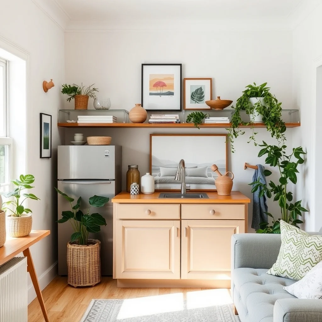 How to Refresh an Outdated Rental Kitchen on a Small Budget interior: 3. Introduce Open Shelving to Create Airy Storage - Many rental kitchens come with closed upper cabinets that trap dust and make the room feel cramped. Removing a few lower cabinet doors and installing a simple floating shelf can open the visual field and