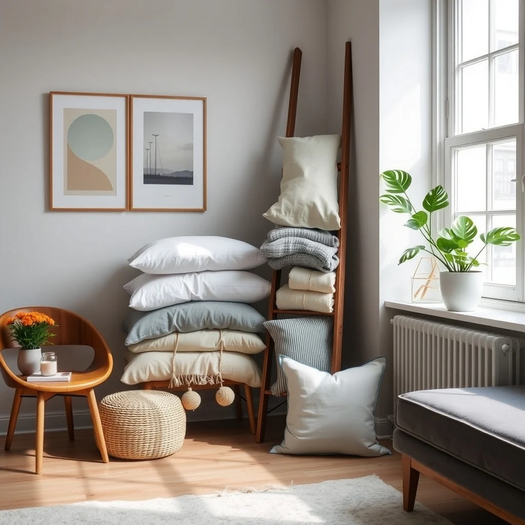 How to Store Extra Bedding in an Apartment With No Linen Closet interior: 7. Rotate bedding using a decorative ladder - A leaning wooden ladder against a wall can function as a stylish display for rolled blankets and pillow shams. The rungs provide natural dividers, and the ladder’s slanted form adds a dynamic line to the