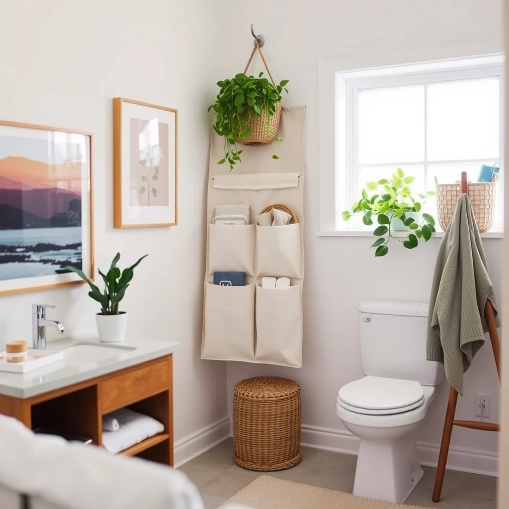 How to Store Extra Towels in a Bathroom With No Cabinets interior: 7. Create a Hanging Pocket Organizer from Fabric - A fabric pocket organizer, sewn from water‑resistant canvas or linen, can be mounted on a wall hook or tension rod. Each pocket holds a single towel, allowing you to see the entire collection at a