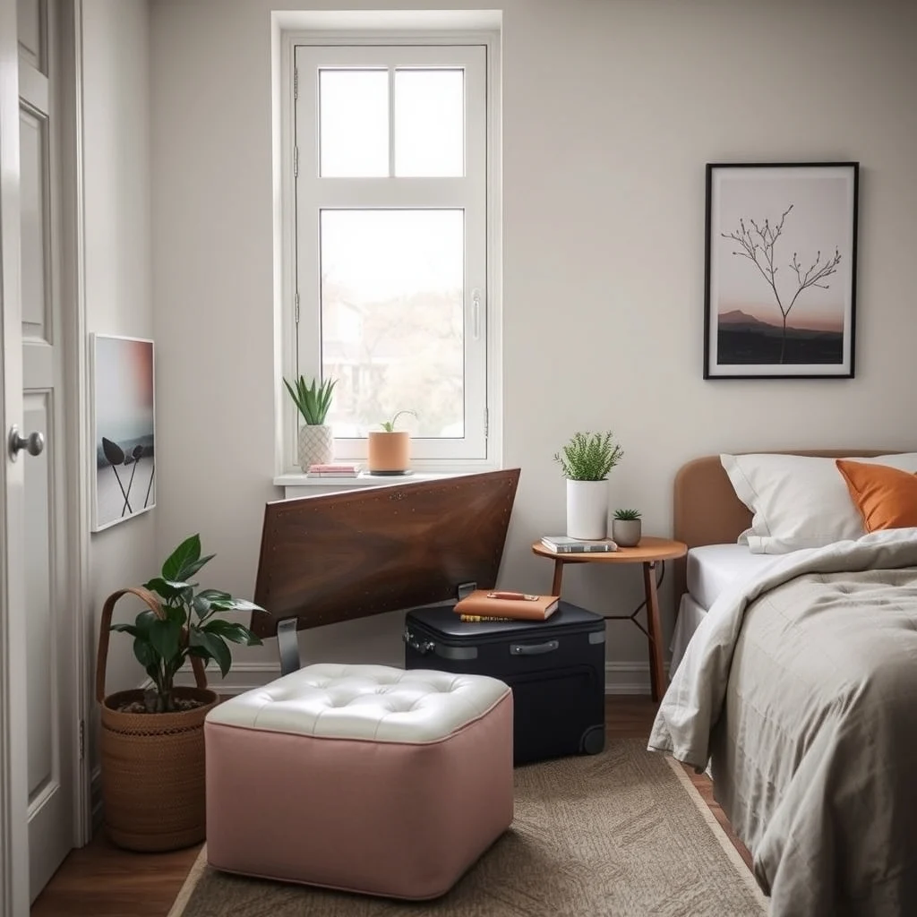 How to Store Luggage in a Small Apartment Without Using Closet Space interior: 7. An ottoman or pouf with a removable lid - A plush ottoman placed in a living room corner or at the foot of a bed can conceal a suitcase beneath a soft cushion. Look for an ottoman with a hinged lid that opens easily