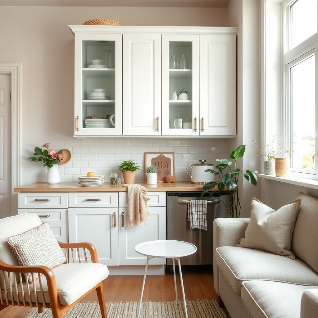 How to Upgrade Rental Kitchen Cabinets Without Replacing Them interior: 6. Introduce Glass Inserts or Open Shelving Panels - Replacing a solid door with a glass insert instantly lightens the visual weight of a kitchen. Frosted or clear glass panels can be fitted into existing hinges, allowing you to keep the original frame while