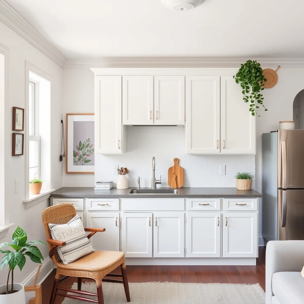 How to Upgrade Rental Kitchen Cabinets Without Replacing Them interior: 7. Attach Crown Molding or Decorative Trim - Adding a short piece of crown molding or a decorative trim band at the top of the cabinets creates a finished look that mimics custom cabinetry. Simple beadboard or a modest ogee profile can be