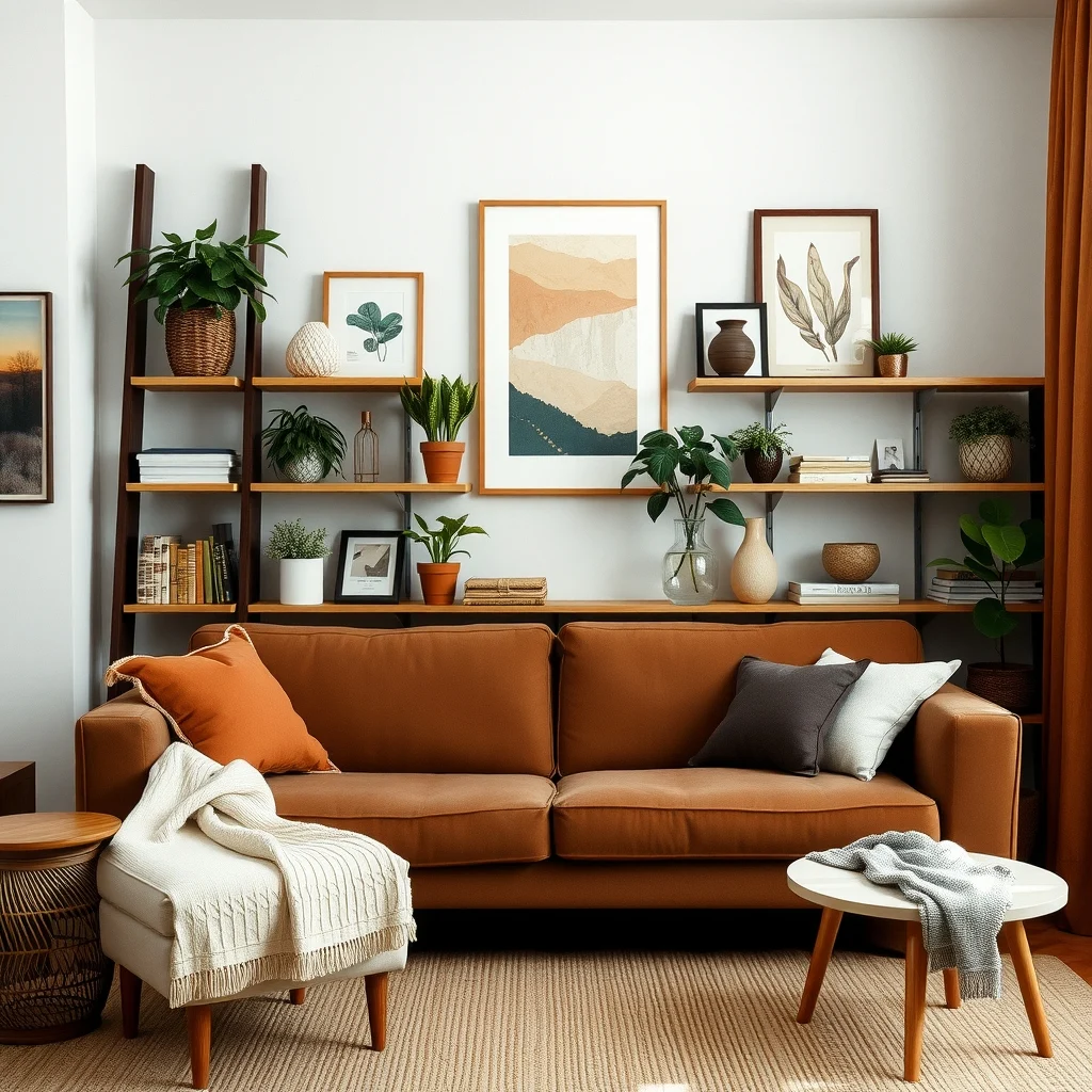 How to Use the Space Behind Your Sofa for Practical Storage interior: 6. Attach a Ladder‑Style Shelf System - A ladder‑style shelving unit leans against the wall behind the sofa, offering multiple tiers for storage and display. The open‑frame design keeps the area feeling airy, and the varying shelf heights accommodate everything from potted