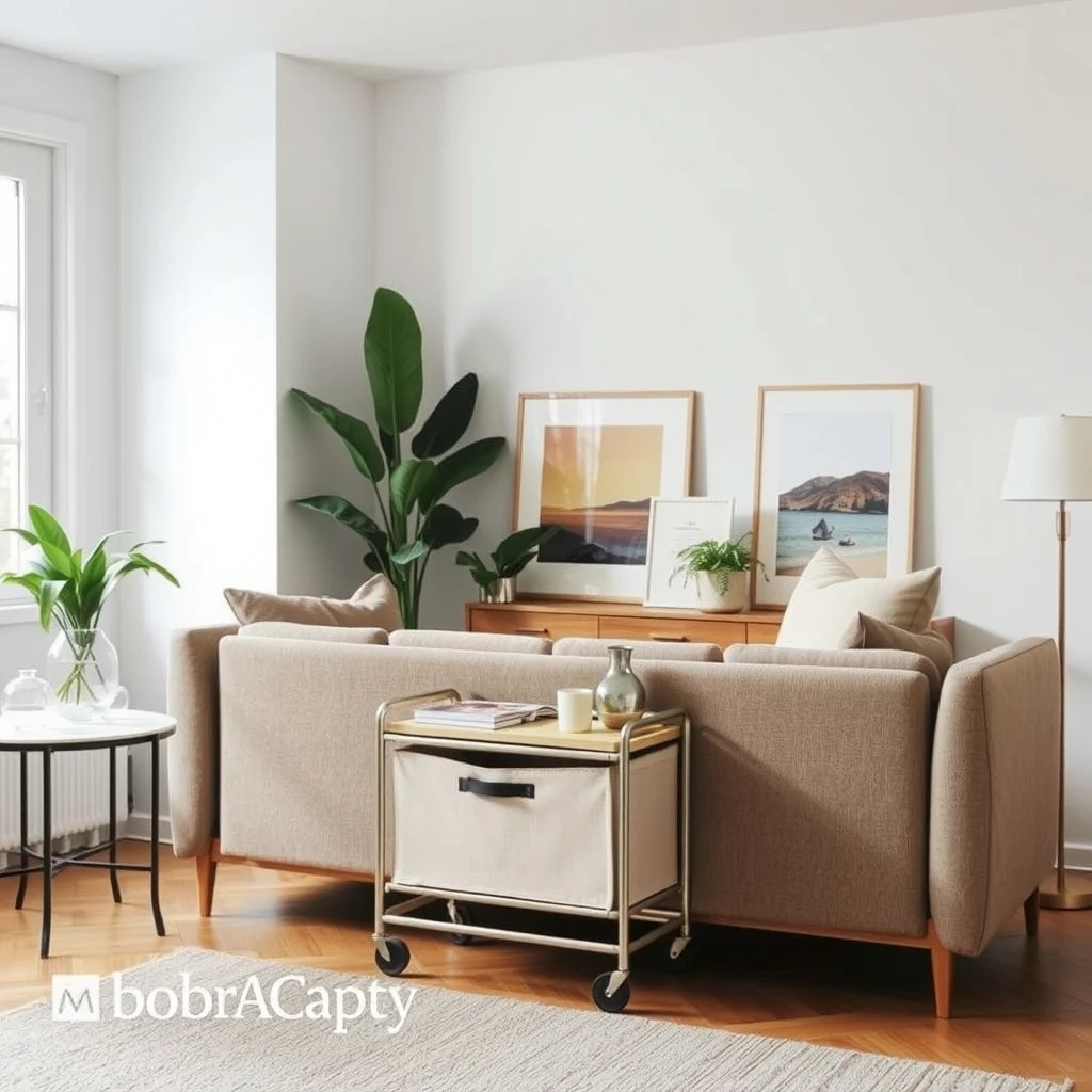 How to Use the Space Behind Your Sofa for Practical Storage interior: 7. Conceal a Rolling Cart Behind the Sofa - A slim rolling cart tucked behind the sofa offers mobility and hidden storage in one package. Choose a cart with a metal frame and a fabric drawer that matches the room’s color scheme. The cart
