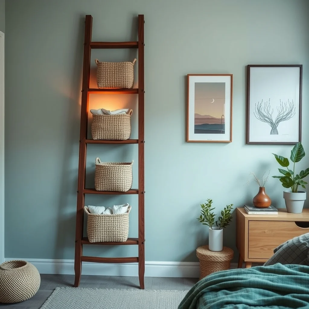 Industrial boho bedroom corner reclaimed oak ladder leaning against wall painted matte teal woven jute baskets on each rung holding linen ambient amber lamp glow diagonal composition focusing on ladder