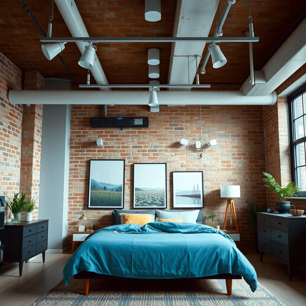 Industrial loft bedroom with exposed brick white plaster ceiling plug in track lighting on sleek steel rail adjustable heads beaming down on a teal