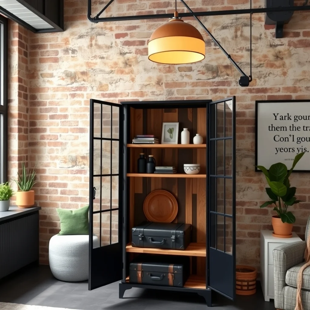 Industrial loft narrow black metal armoire with reclaimed wood shelves wide bottom compartment holding suitcase exposed brick wall warm pendant lamp typographic quote mural