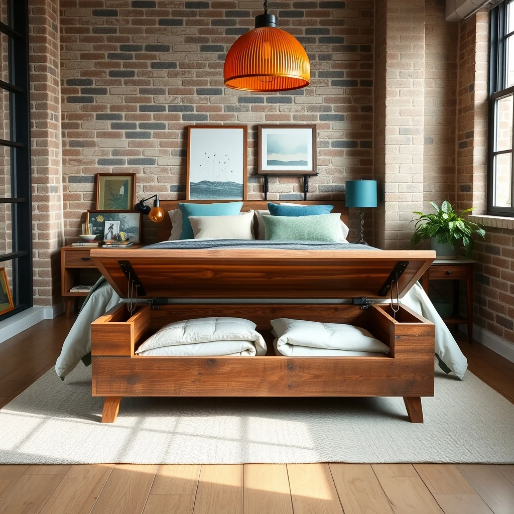 Industrial style bedroom foot of bed hosts a reclaimed wood bench with a lift top cushion interior cavity holds folded duvets exposed brick backdrop warm amber pendant lamp muted teal accents