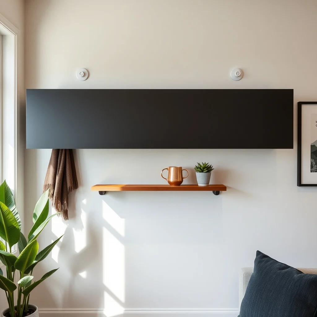 Industrial style closet wall fold down iron board painted charcoal underside transformed into shallow walnut shelf holding copper mugs and a small potted succulent spotlights highlight the sleek dual purpose design
