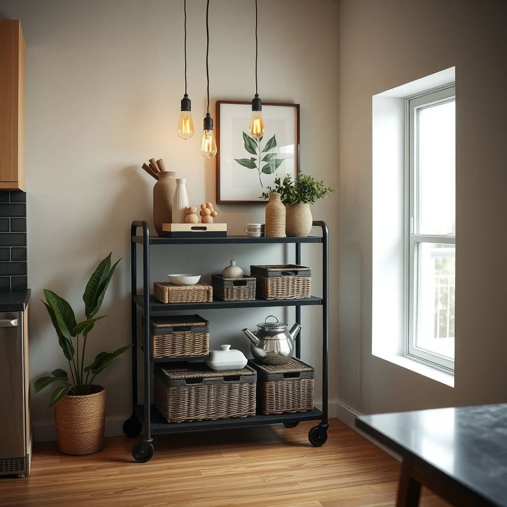 Industrial style kitchen nook showcasing a three tier black metal rolling cart each shelf hosts decorative trays wicker baskets and compact boxes illuminated by pendant Edison bulbs ready for holiday staging