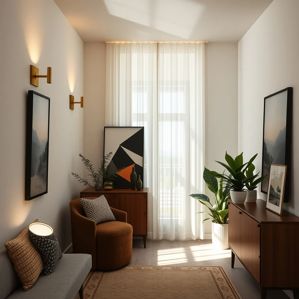 Intimate entryway featuring brass finished wall sconces flanking a sheer panel warm LED strips project delicate geometric patterns onto textured plaster creating dynamic shadows