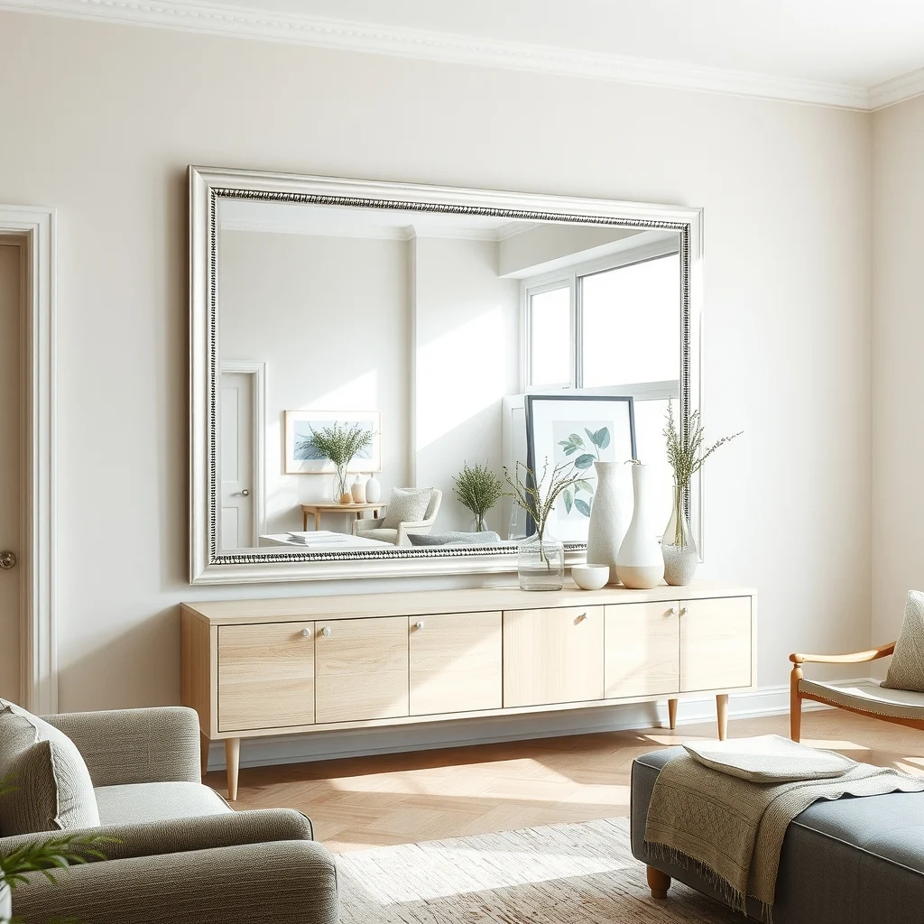 Large rectangular silver framed mirror positioned opposite a floor to ceiling window reflects daylight onto a pale oak console amplifying brightness across the greige living space with subtle glass vases