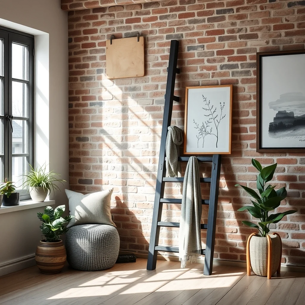 Leaning decorative ladder in matte charcoal oak propped against a brick accent wall sturdy brass hooks hold scarves natural light streams from a nearby window delivering rustic industrial charm