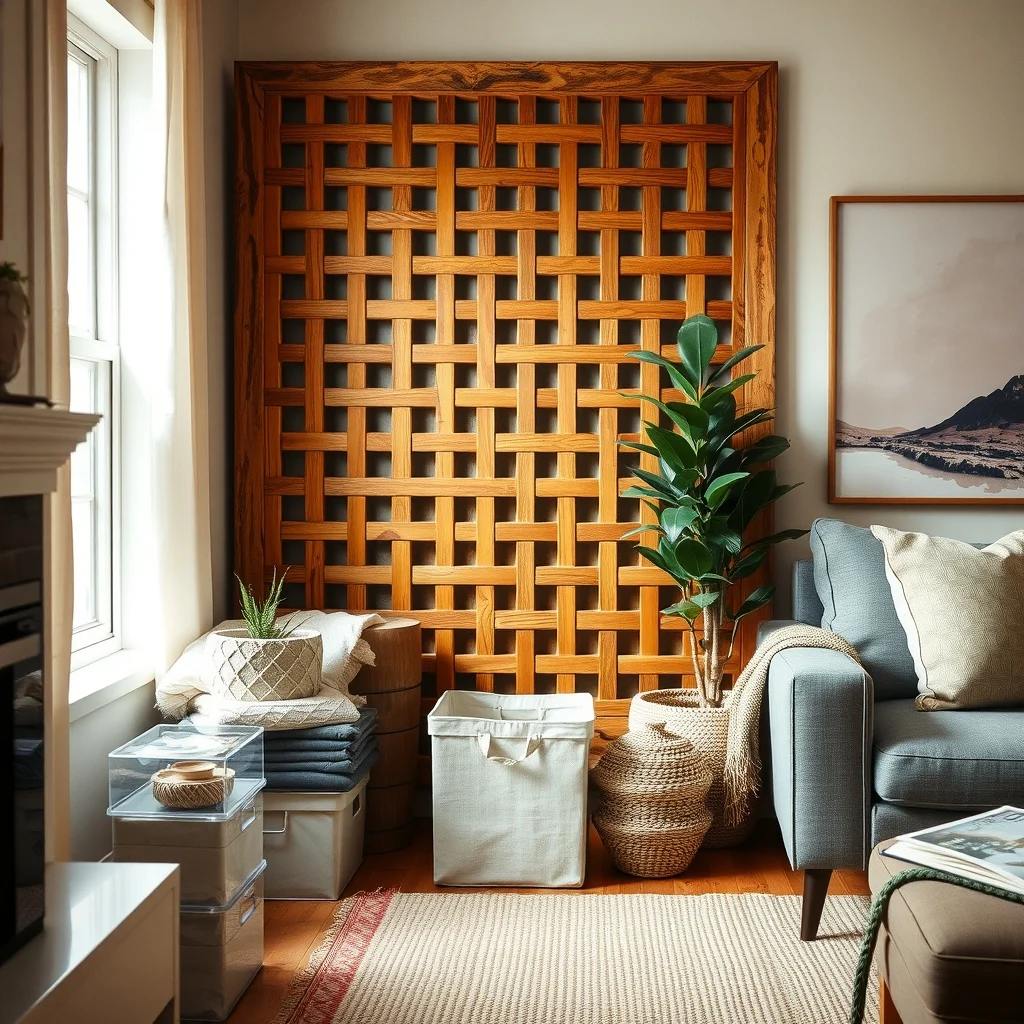 Living room corner featuring a reclaimed wood lattice screen warm honey tones behind it clear acrylic and linen stackable bins diffused natural light from nearby window subtle boho industrial vibe focus on screen texture
