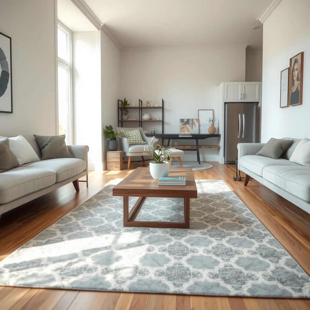 Long rectangular rug in muted geometric pattern soft dove gray and ivory stretches from living zone toward kitchen placed under walnut coffee table natural light spills across captured in a shallow depth vignette