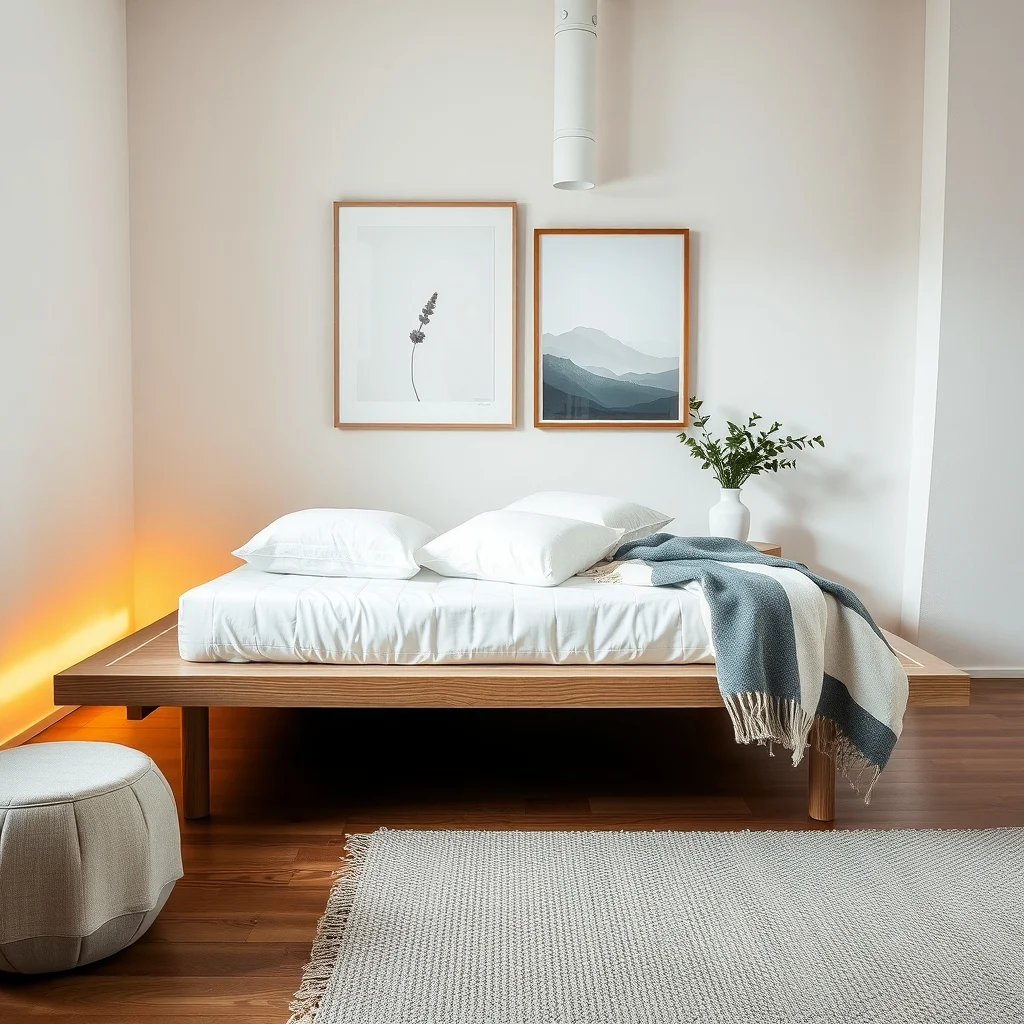 Low plywood platform finished in soft oak veneer elevated mattress with crisp white linens positioned near a corner ambient warm LED strip under edge minimalist Scandinavian vibe close up of texture and height contrast