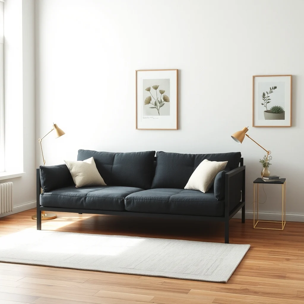 Low profile charcoal linen daybed with powder coated steel frame positioned as both couch and bed flanked by a narrow floating shelf muted gold table lamp subtle geometric rug