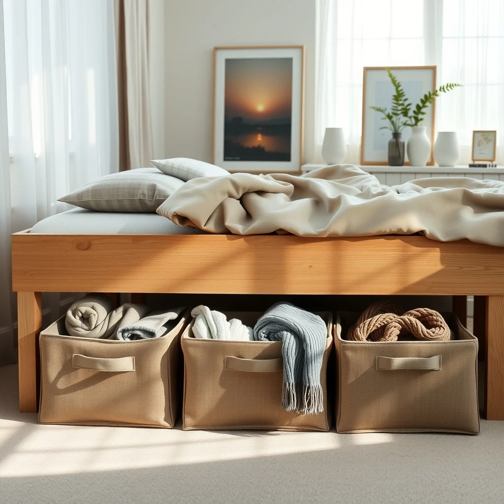 Low profile linen fabric bins in muted taupe nestle under a light oak platform bed zip top closures reveal neatly rolled scarves morning sunlight filters through sheer curtains creating a cozy airy bedroom vignette