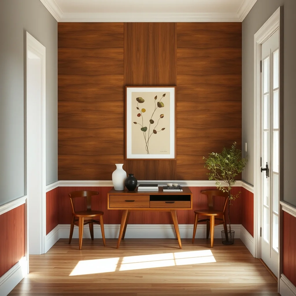 Mid century hallway with white baseboard styled cord covers painted brick red running along a walnut wall soft uplighting casts gentle shadows while abstract botanical print hangs above complementing the subtle architectural illusion