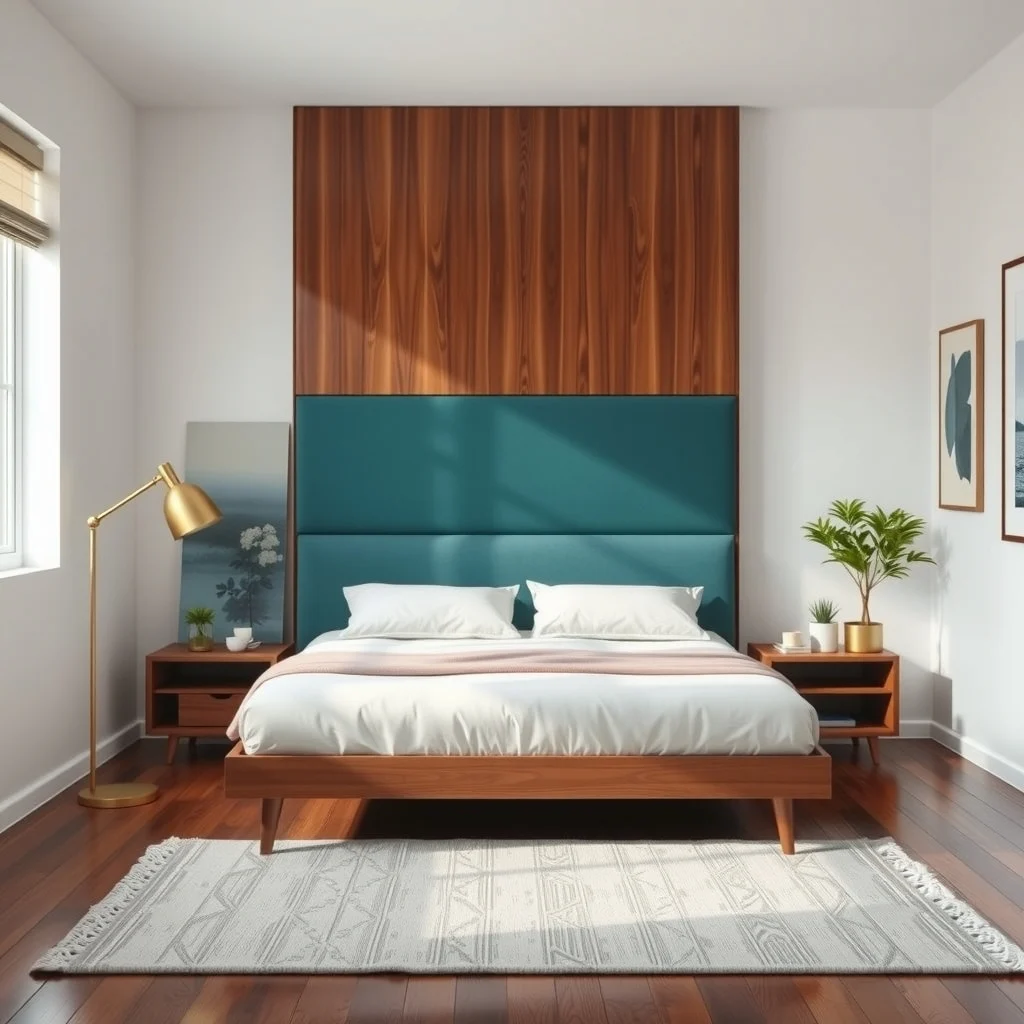 Mid century modern bedroom featuring a tall walnut bookcase behind the queen bed its back panel painted deep teal crisp white walls brass floor lamp and a subtle patterned rug grounding the space