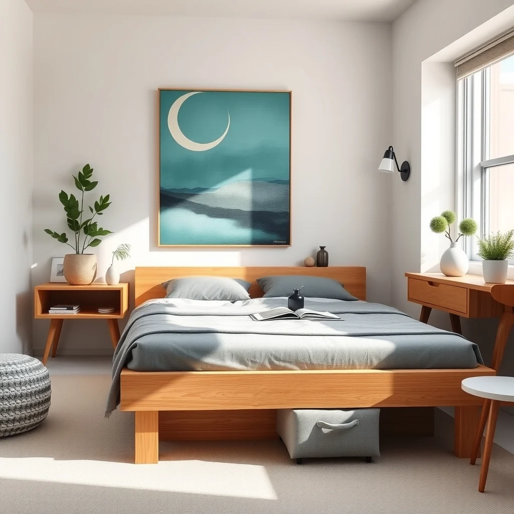 Mid century modern bedroom with a light oak platform bed sleek gray fabric storage bins slide into the 3 inch gap soft natural light from a nearby window abstract teal wall art behind