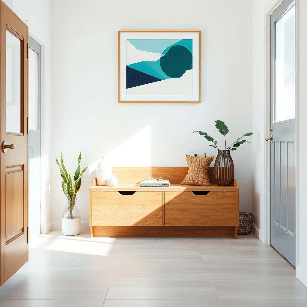 Mid century modern entryway light oak built in bench against white wall sleek low profile shallow walnut drawers visible soft natural light from frosted door abstract teal geometric print above shot from slight angle