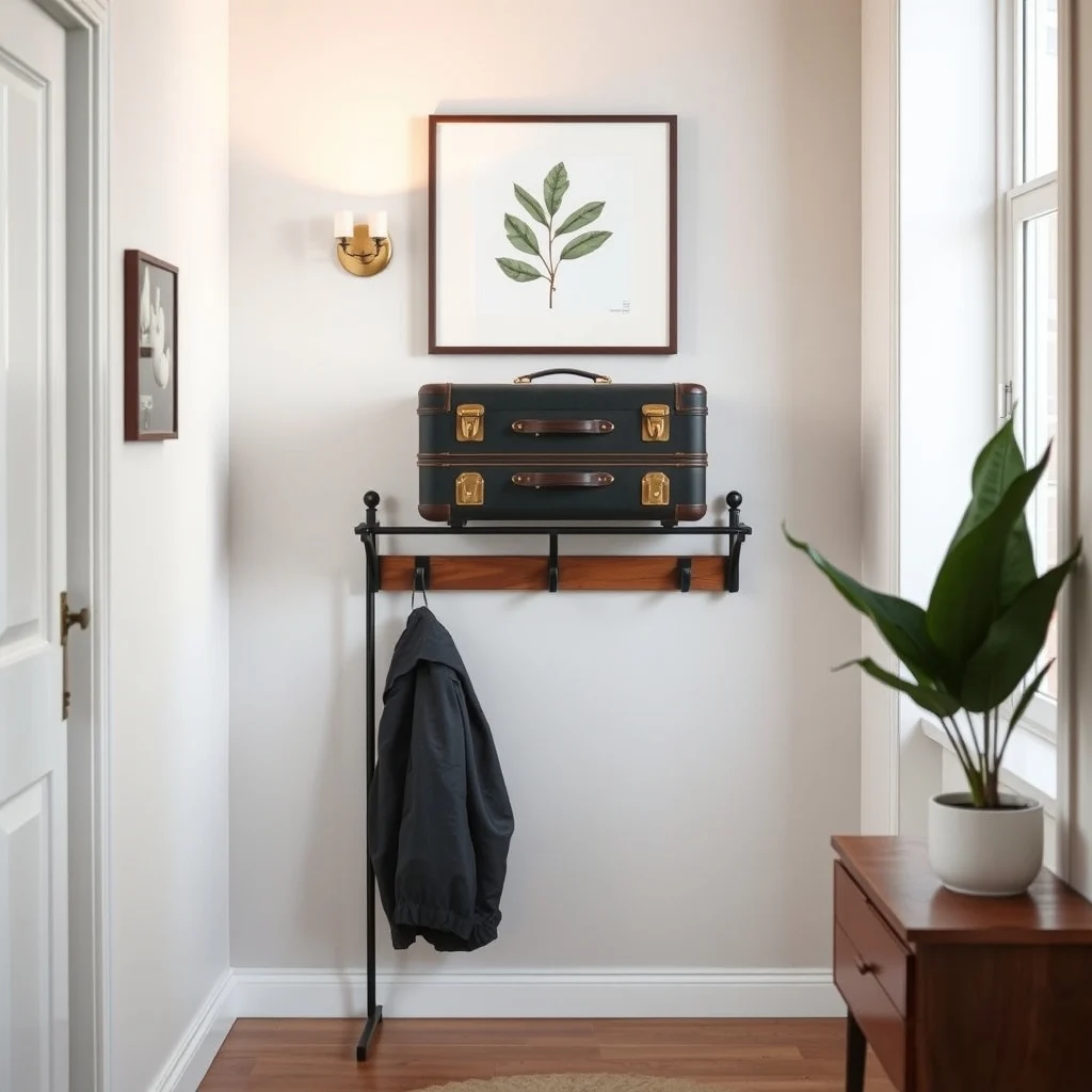 Mid century modern hallway slim black metal rack with three horizontal bars sleek wooden hooks matte charcoal suitcase perched warm amber lighting botanical print above
