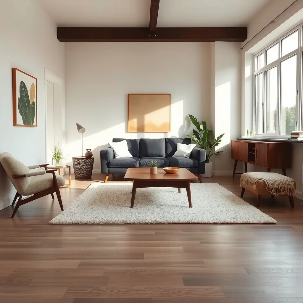 Mid century modern living area soft ivory low pile rug centered under a charcoal sofa and walnut coffee table natural light spilling from a large window subtle floor texture defining the space wide angle