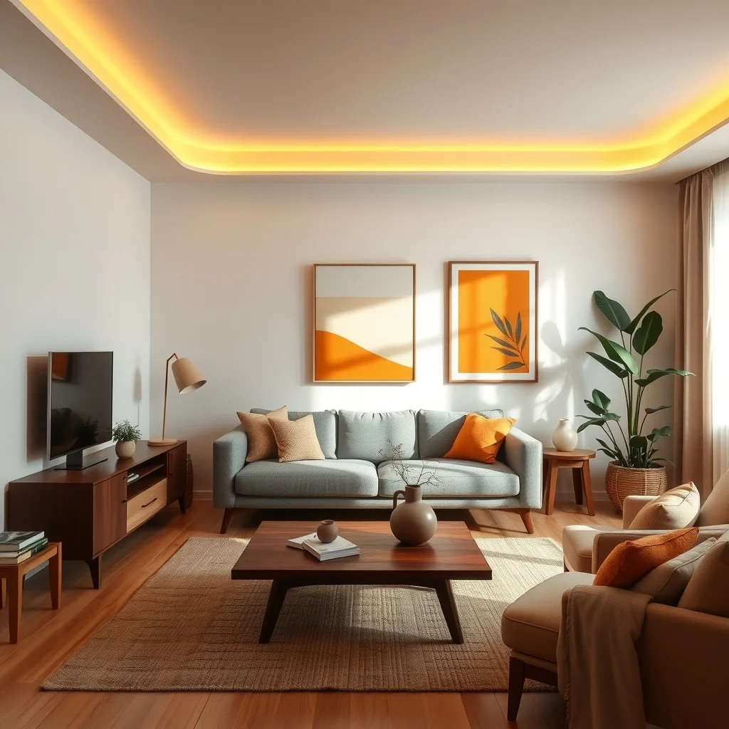 Mid century modern living room bathed in soft amber from dimmable recessed LEDs neutral walls walnut coffee table plush gray sofa abstract amber geometry art warm shadows hugging the space