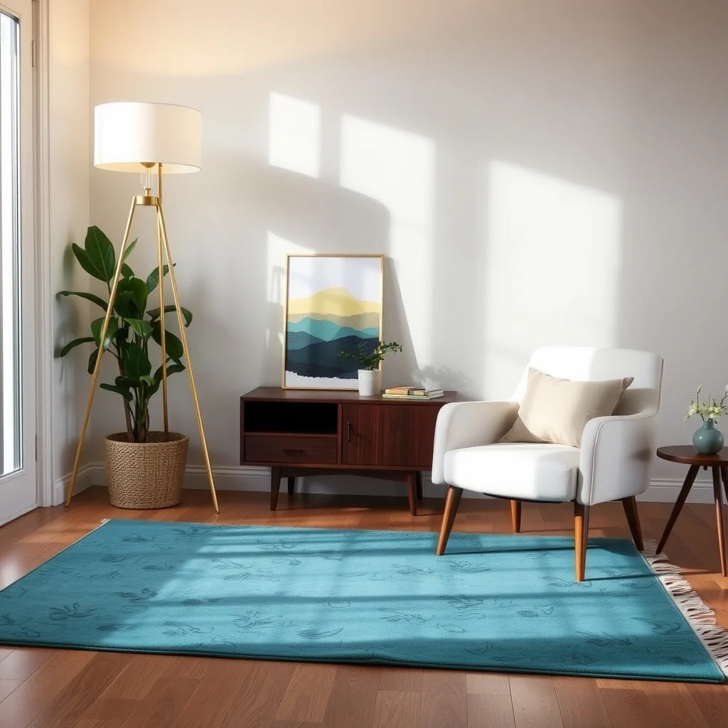 Mid century modern living room brushed brass tripod floor lamp stands beside a teal rug casting a soft upward wash over an ivory armchair and a small abstract canvas