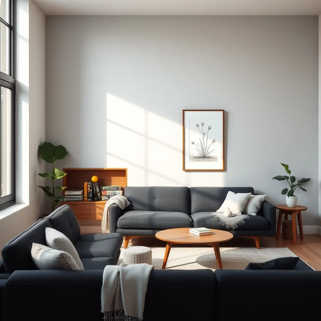Mid century modern living room charcoal sofa against a light gray wall shallow built in walnut nook shelf follows sofa curve displaying colorful board game boxes soft natural light from nearby window clean composition