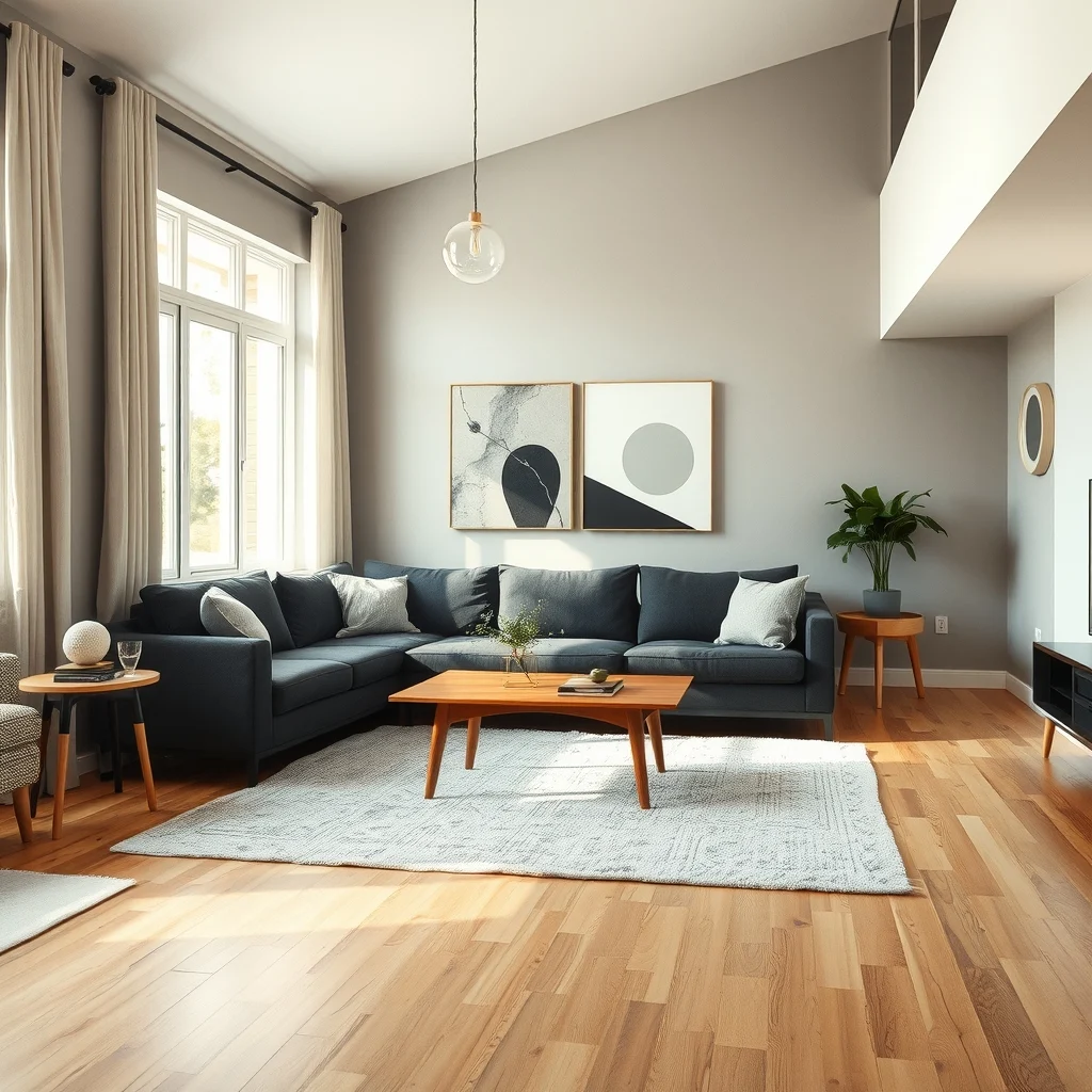 Mid century modern living room deep charcoal sofa spanning wall anchored by a light gray wool rug extending one foot beyond edges teak coffee table soft natural light from floor to ceiling windows abstract geometric wall art