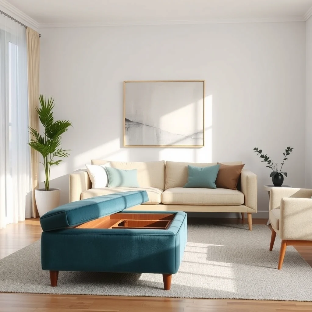 Mid century modern living room teal velvet ottoman with hidden top opening placed before a light oak sofa soft natural light streams through sheer curtains highlighting a subtle abstract canvas on the wall