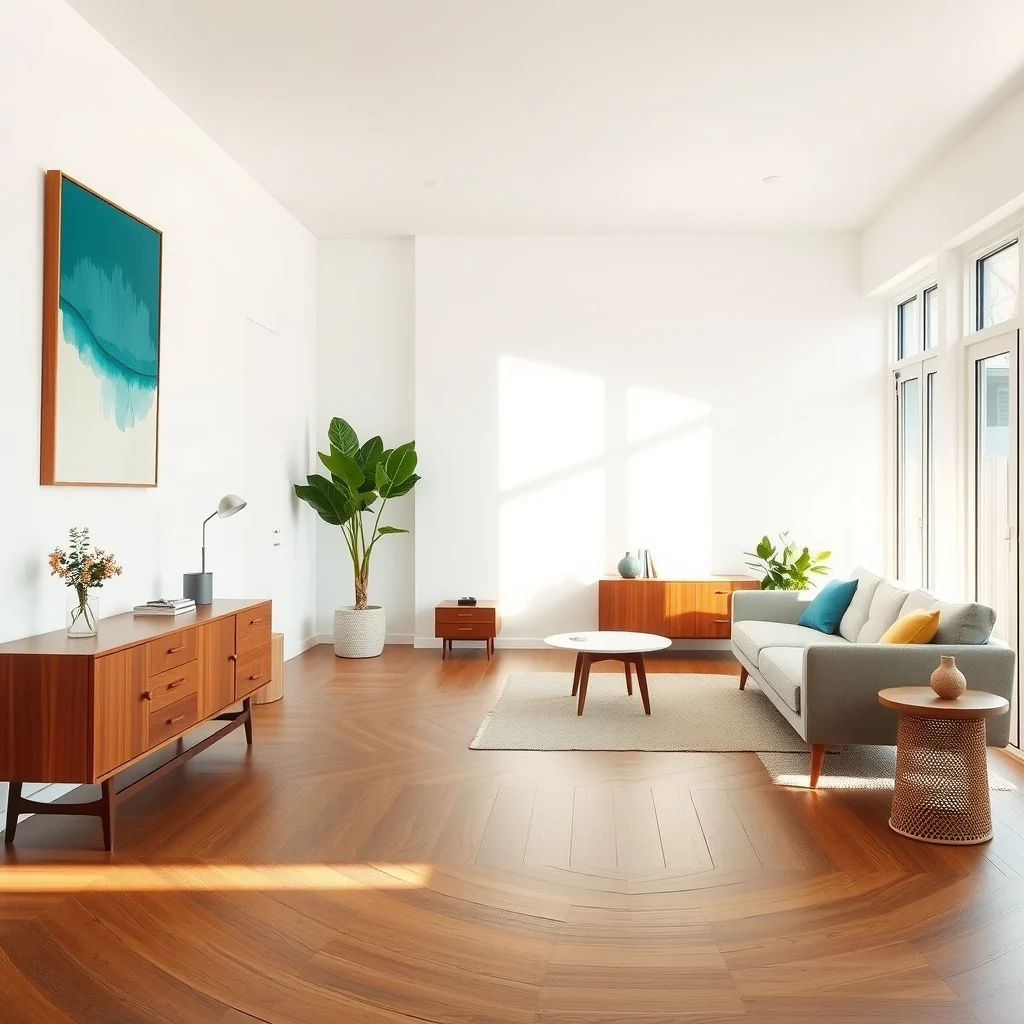 Mid century modern living room warm walnut console table running the length of a spiral shaped floor flanked by low teak sofa and abstract teal blue wall art soft natural light from floor to ceiling windows