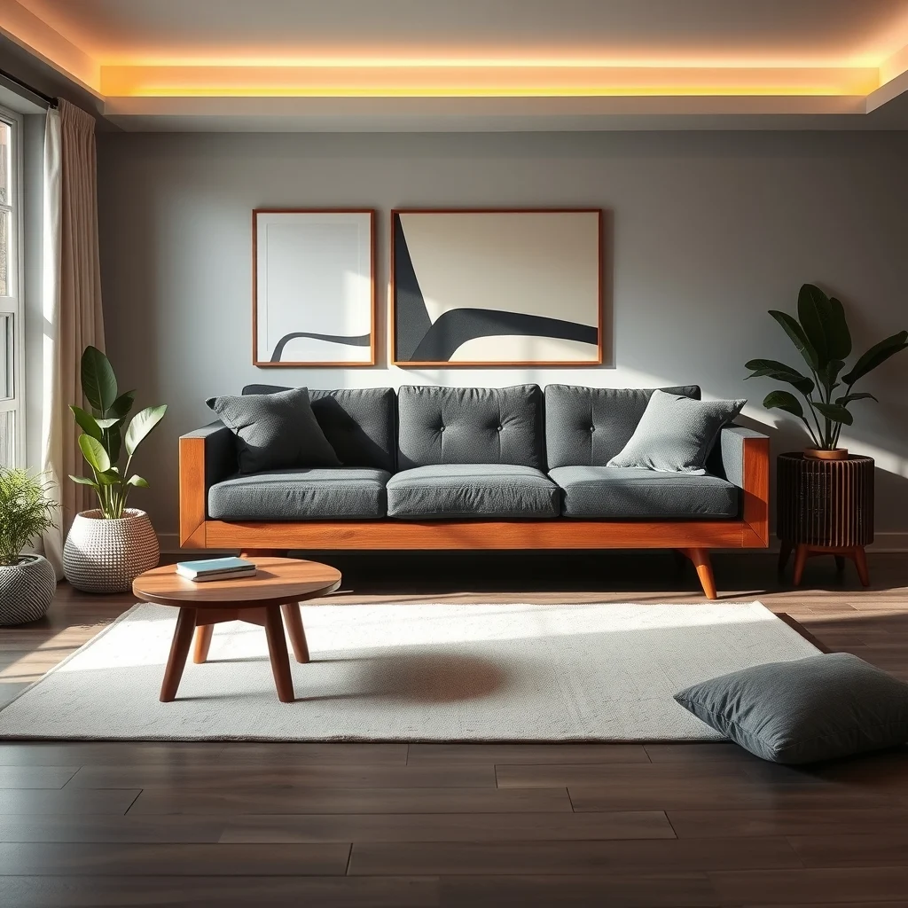 Mid century modern sofa sleeper in walnut finish plush charcoal cushions positioned as anchor nearby teak coffee table soft ivory rug ambient ceiling LEDs cast warm glow abstract geometric wall art behind