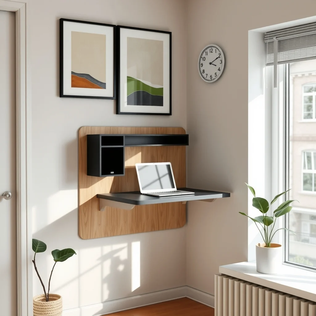 Mid century modern studio corner matte black wall mounted desk folded flat against a light oak panel sleek laptop perched natural light streaming from a nearby window soft neutral walls abstract geometric art above