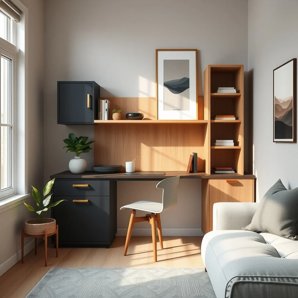 Mid century modern studio corner sleek matte black fold away desk nestled in recessed niche brushed brass handles pale oak shelves above natural daylight from nearby window subtle geometric wall mural