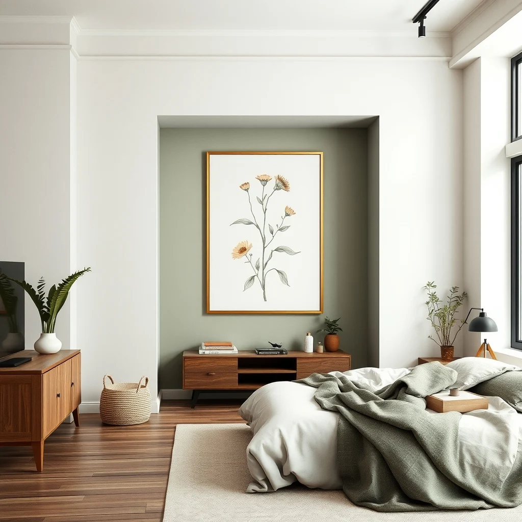 Minimalist bedroom large abstract botanical canvas on wall acting as hinged door muted sage backdrop hidden shallow alcove revealed soft spotlights accent edge close up of pivot hinge